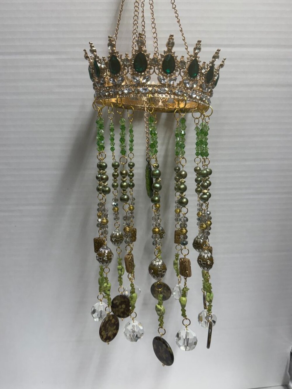 Handmade Green & Gold-Tone Crown Suncatcher with Real Potato Pearls